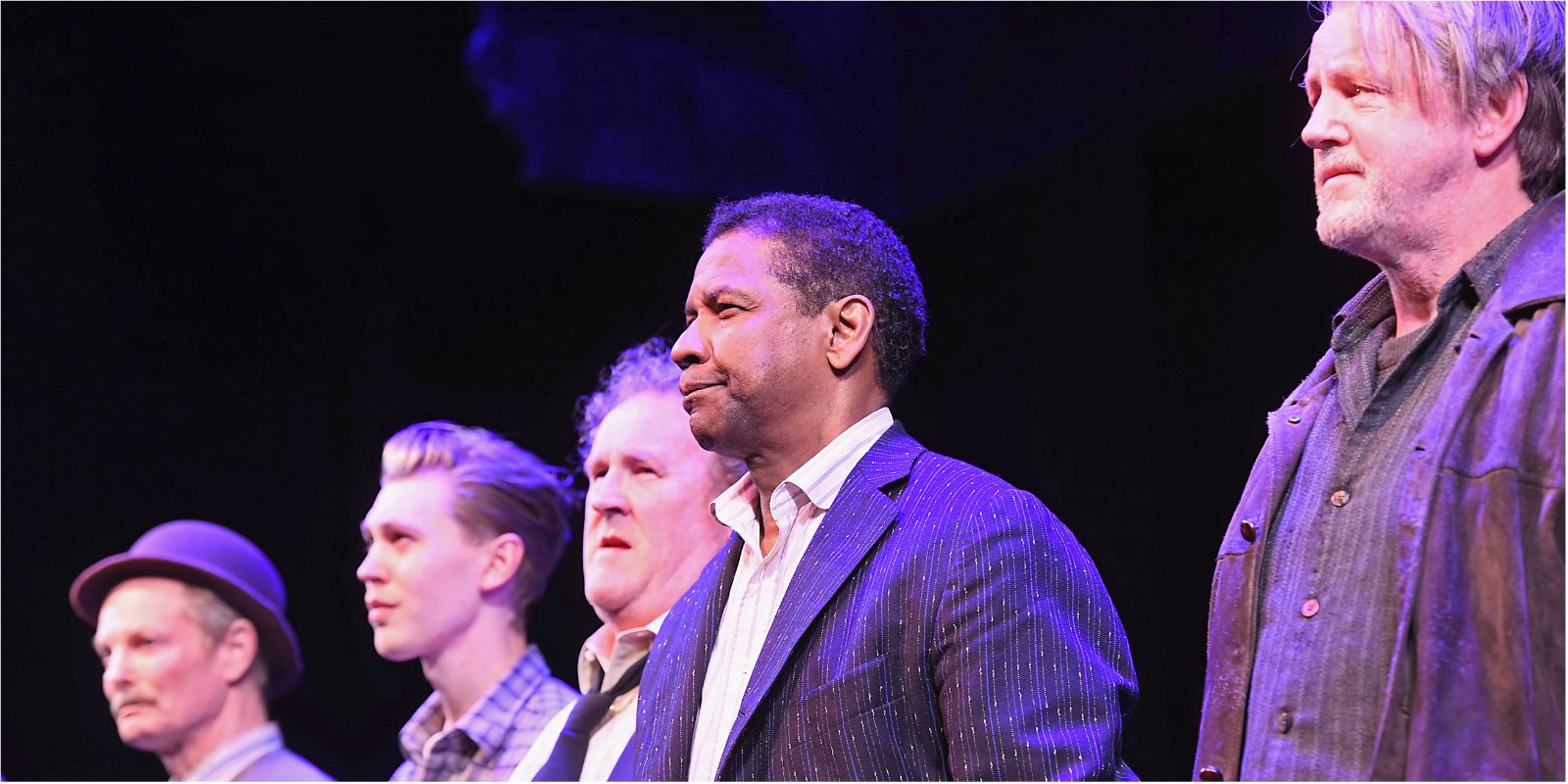 Actors Bill Irwin, Austin Butler, Colm Meaney, Denzel Washington appear onstage during "The Iceman Cometh" opening night on Broadway on April 26, 2018 in New York City