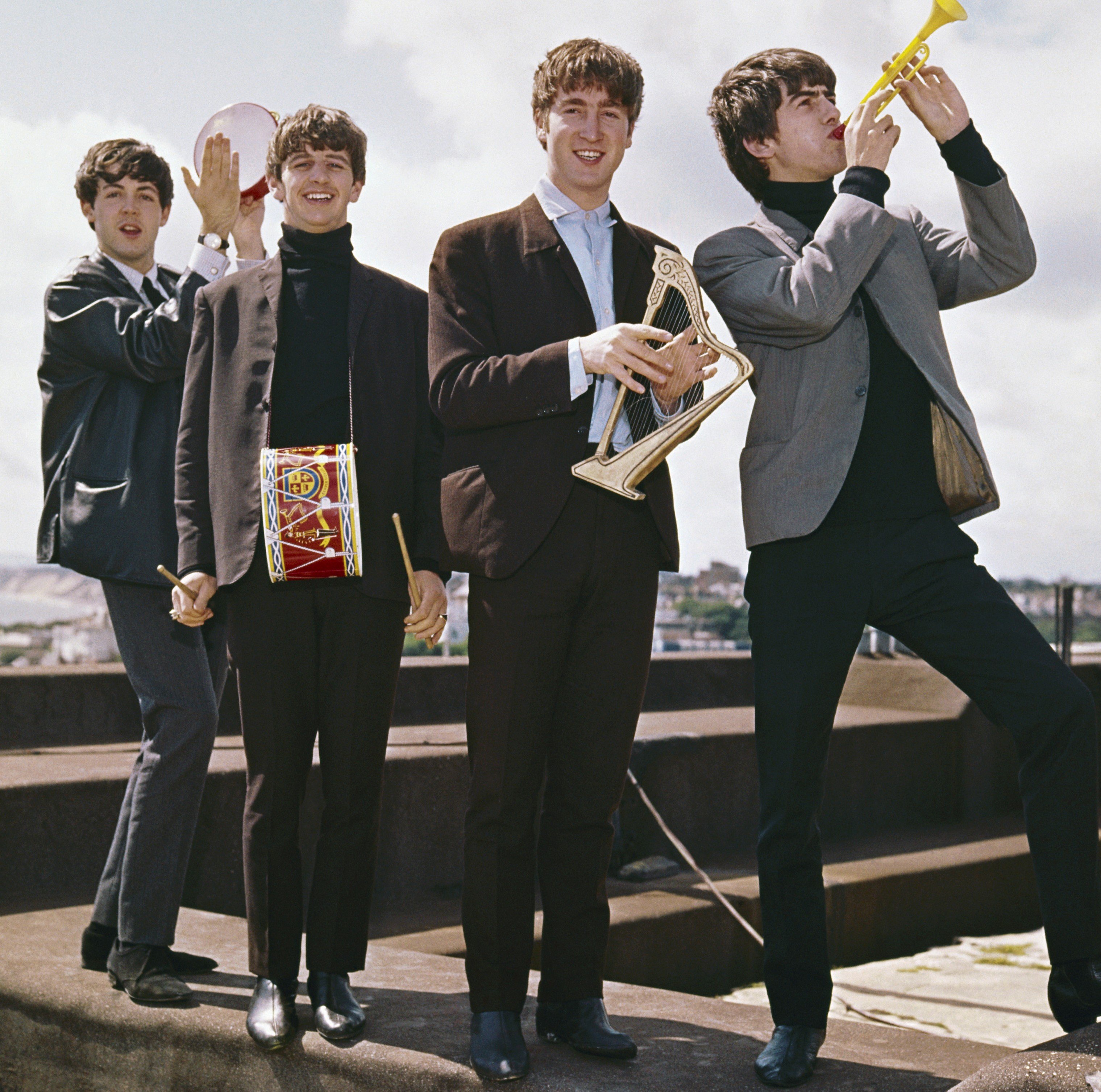 The Beatles with instruments during their "The Fool on the Hill" era