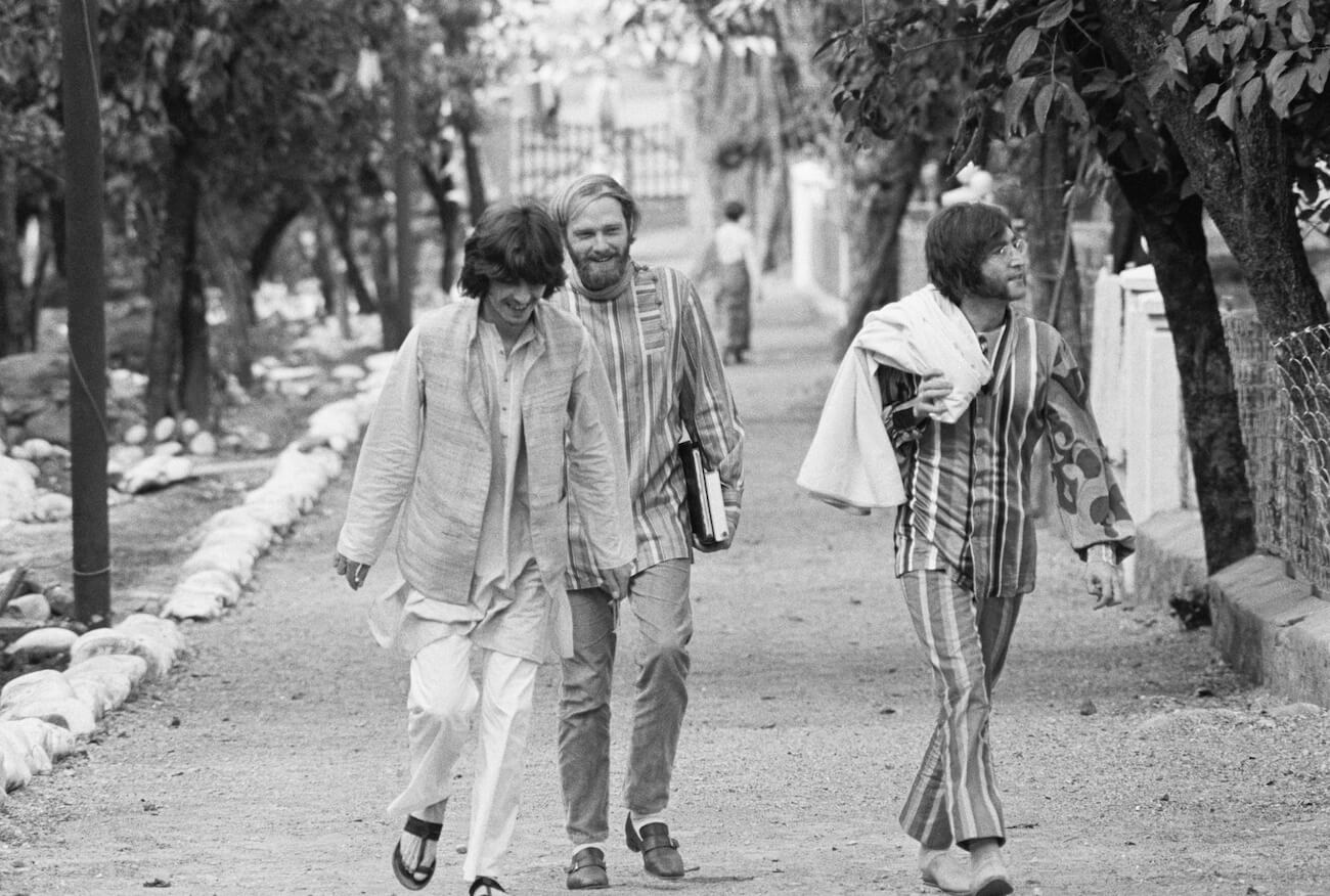 George Harrison, Mike Love, and John Lennon at the Maharishi Mahesh Yogi's ashram in India, 1968.