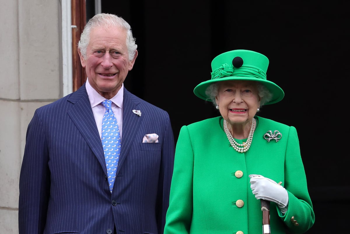 Queen Elizabeth II and then Prince Charles, no King Charles on the balcony of Buckingham Palace during the Platinum Jubilee Pageant on June 05, 2022 in London, England