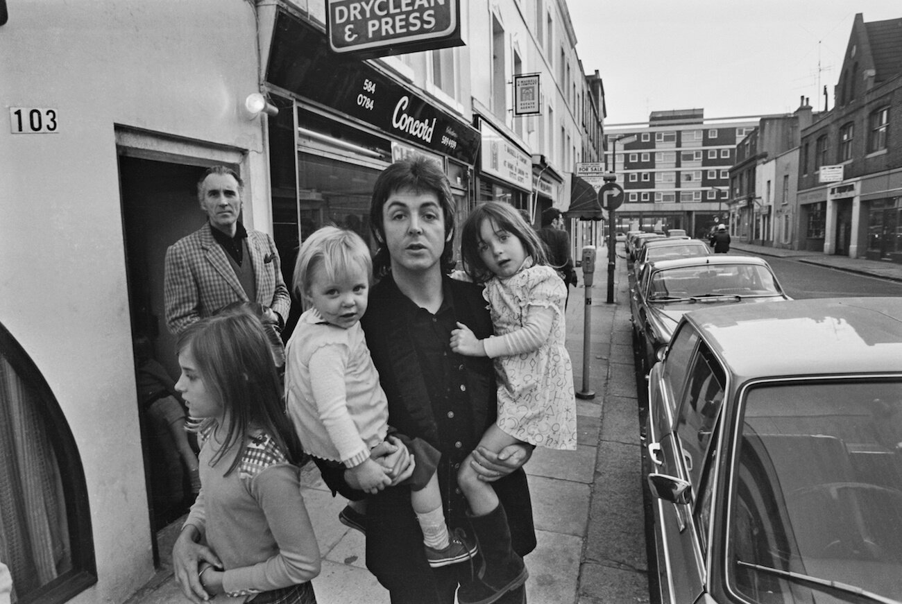 Paul McCartney with his kids, Heather, Stella, and Mary in London, 1973.