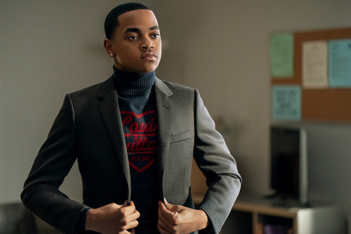 Michael Rainey Jr. as Tariq St. Patrick in a sweater and blazer in 'Power Book II: Ghost'