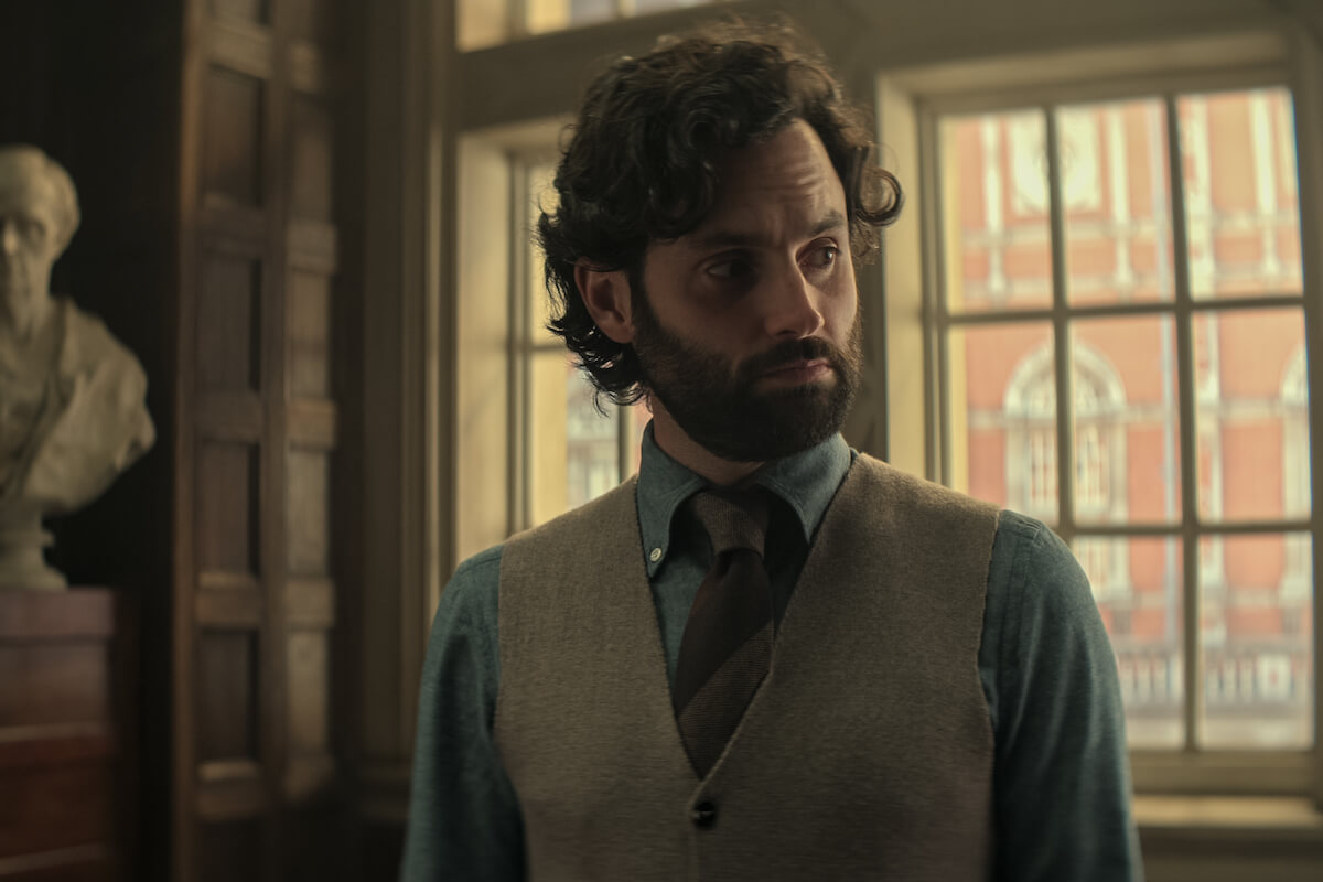 'You': Joe Goldberg (Penn Badgley) wears a vest as a London professor