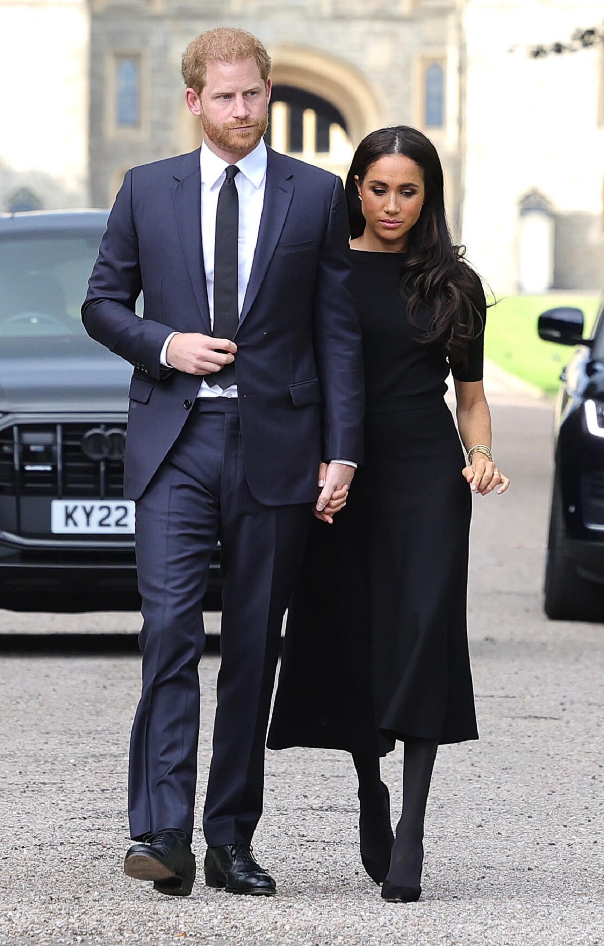 Prince Harry and Meghan Markle arrive on the long Walk at Windsor Castle to view tributes to Queen Elizabeth II