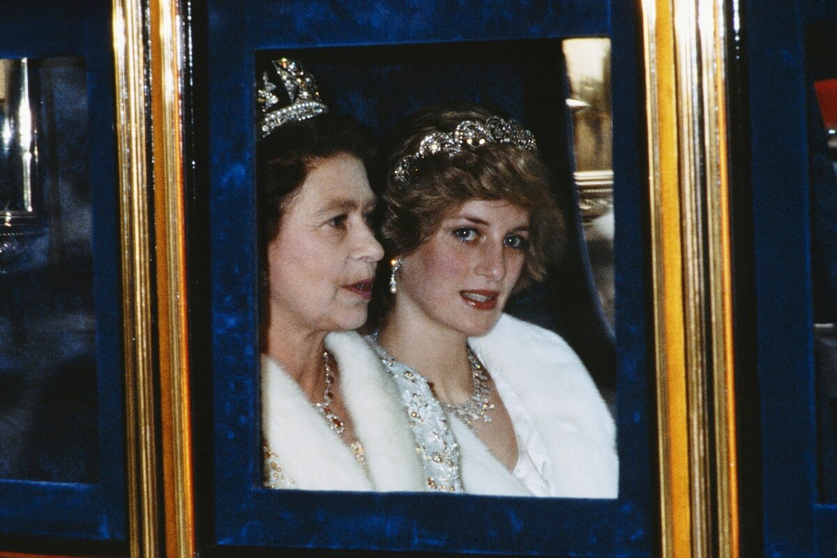 Queen Elizabeth II and Princess Diana attend the Opening of Parliament in London (circa 1982)