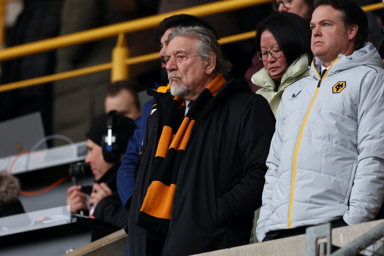 Former Led Zeppelin singer Robert Plant watches a Wolerhampton FC match in his job as the club's vice president.