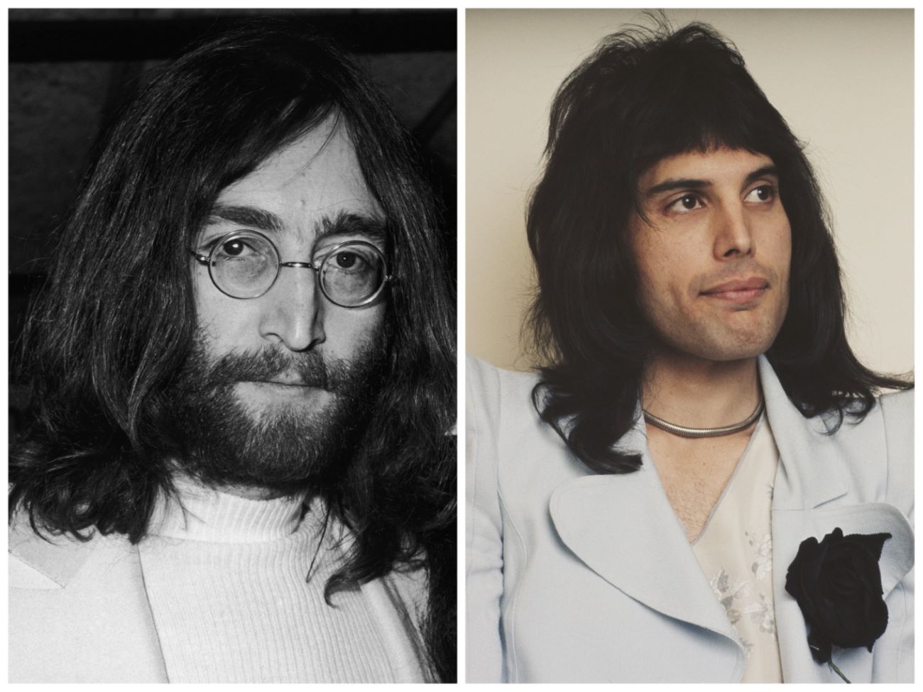 A black and white picture of John Lennon wearing a white turtleneck and glasses. Freddie Mercury wears a necklace and a has a black flower on his lapel.