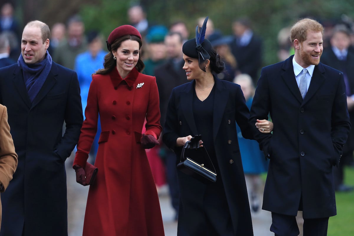 Prince William, Kate Middleton, Meghan Markle, and Prince Harry make small talk while walking