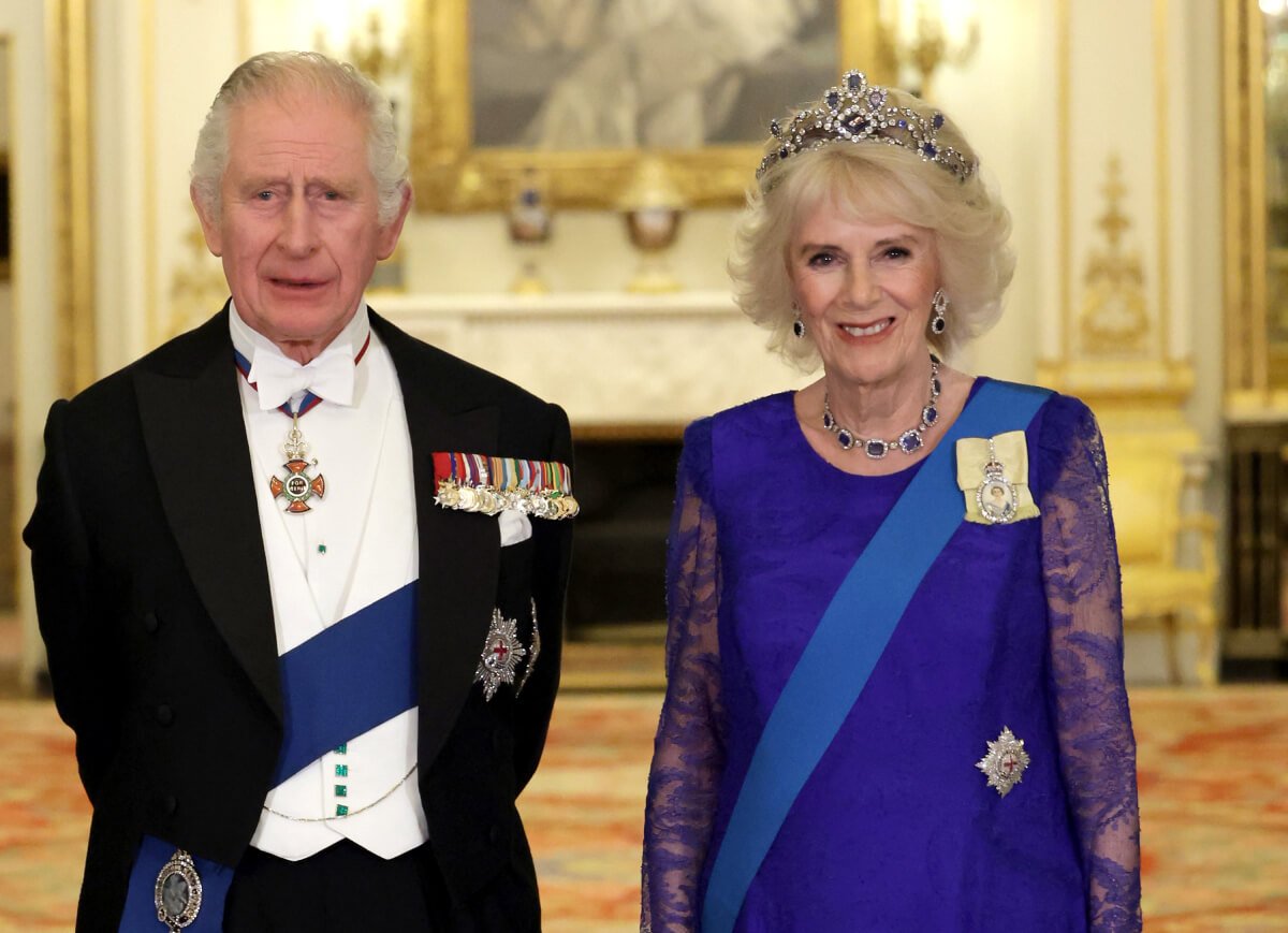 Camilla Parker Bowles, Queen Consort and King Charles III during the State Banquet at Buckingham Palace on November 22, 2022 in London, England