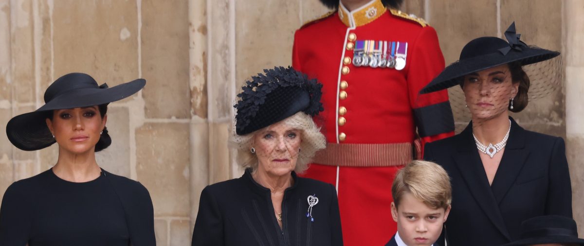 Meghan Markle, Camilla Parker Bowles, Prince George, and Kate Middleton, who reportedly "built up resentment toward Meghan" for not being ablet to see the queen before her death, at the State Funeral of Queen Elizabeth II