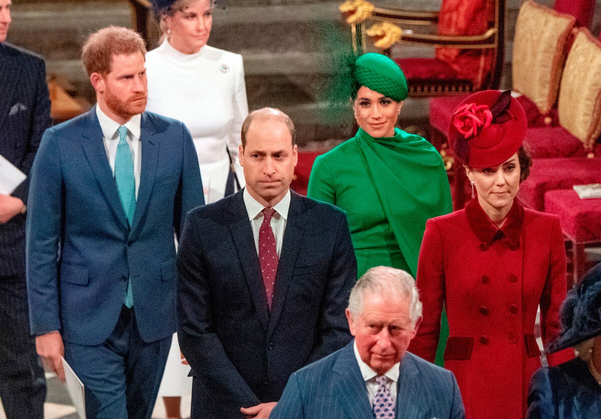 Prince Harry, and Meghan Markle, follow Britain's Prince William and Kate Middleton and King Charles -- then Prince Charles -- as they depart Westminster Abbey after attending the annual Commonwealth Service in London on March 9, 2020