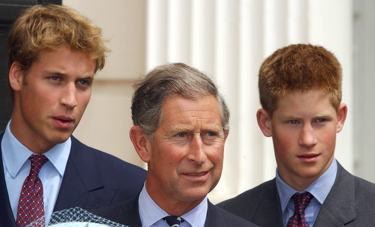 Prince William, King Charles, Prince Harry close-up of men wearing suits