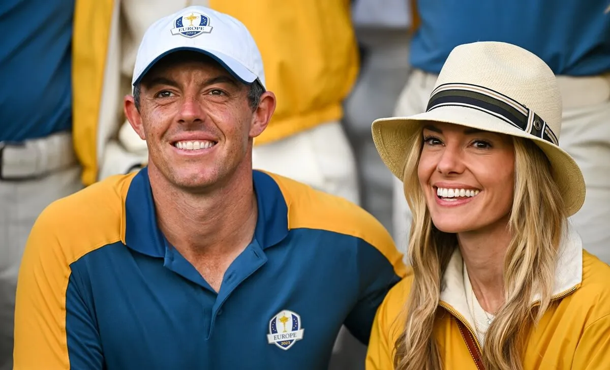 Rory McIlroy with his wife, Erica Stoll McIlroy, after the singles matches on the final day of the 2023 Ryder Cup