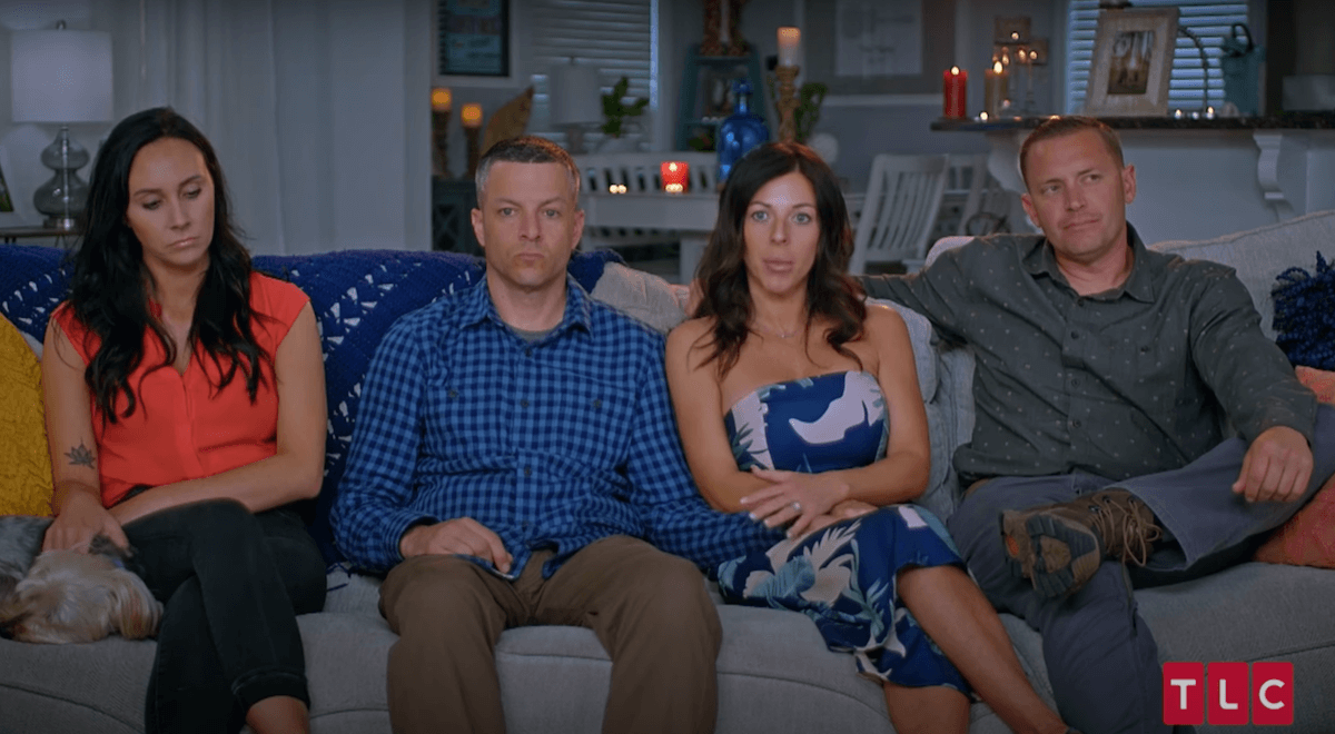 Loren, John, April, and Roy sitting on a couch in 'You, Me & My Ex' on TLC