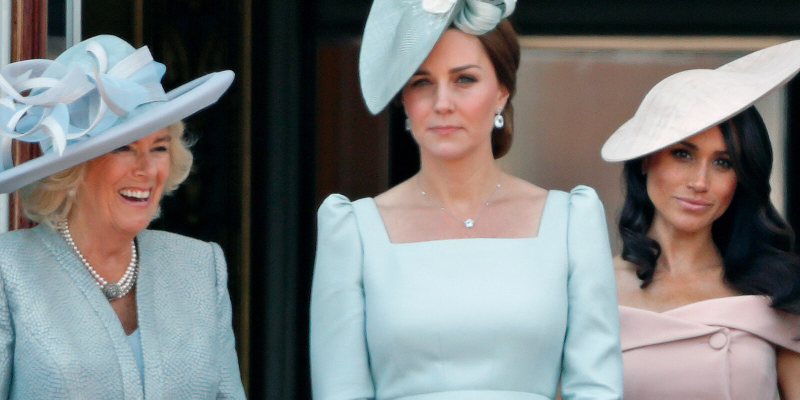 Camilla Parker Bowles, Kate Middleton, and Meghan Markle appear after the 2018 Trooping the Color parade.