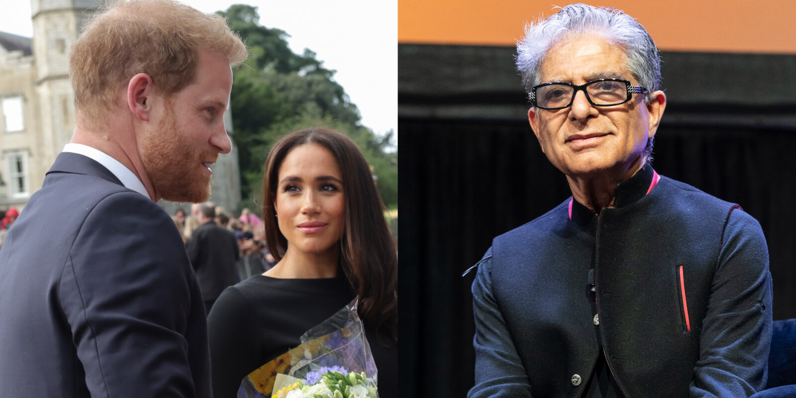 Prince Harry, Meghan Markle, Deepak Chopra in a series of side by side photographs.