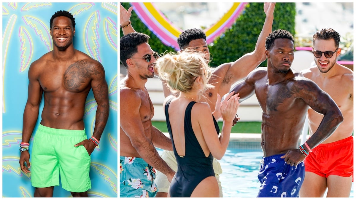 Portrait of 'You, Me & My Ex' cast member De'Andre Asbury Heath during his time on 'Love Island,' next to photo of 'Love Island' cast in a pool