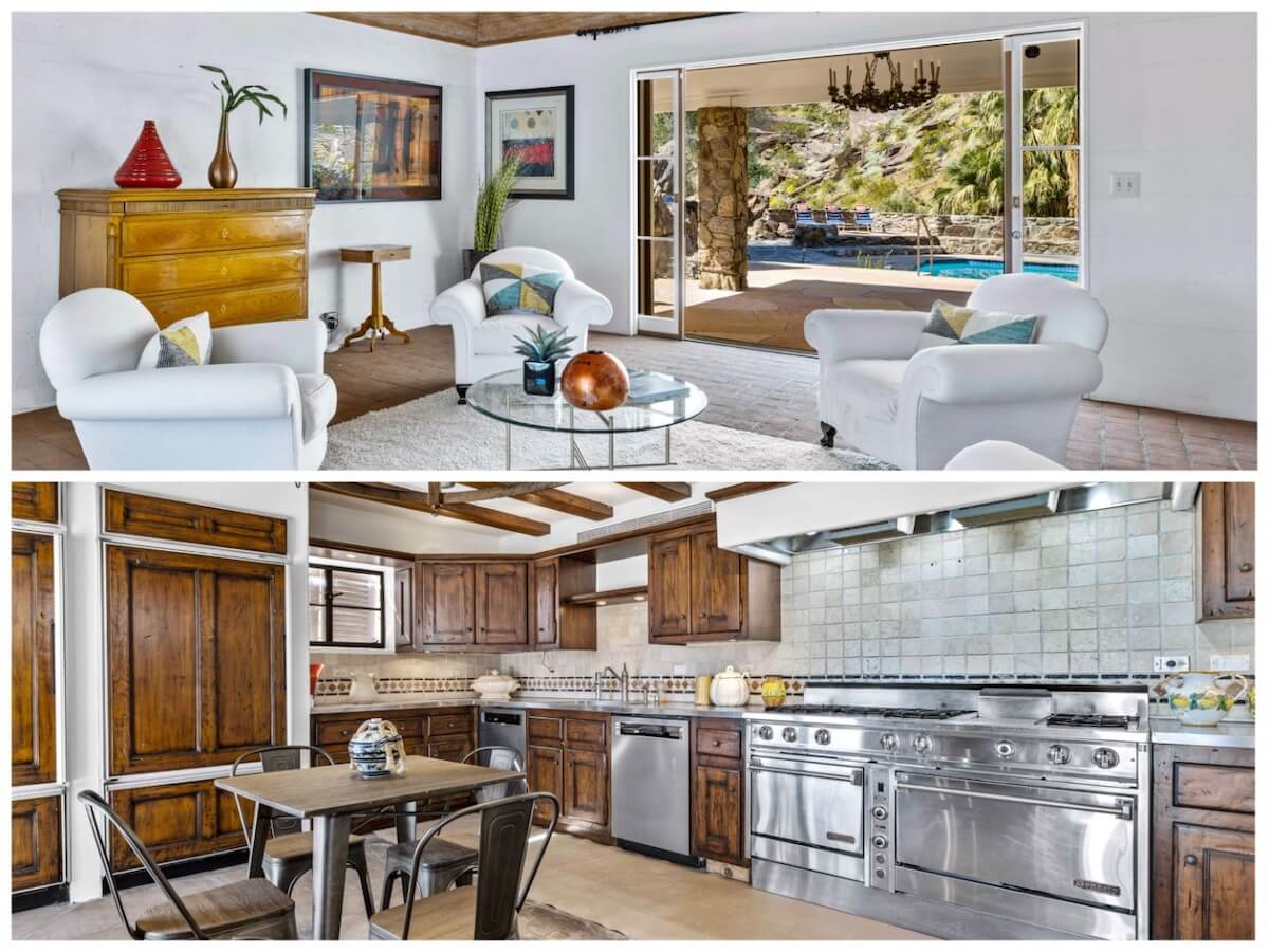 Photo of the kitchen of Suzanne Somers' home in Palm Springs below a phot of the home's living area