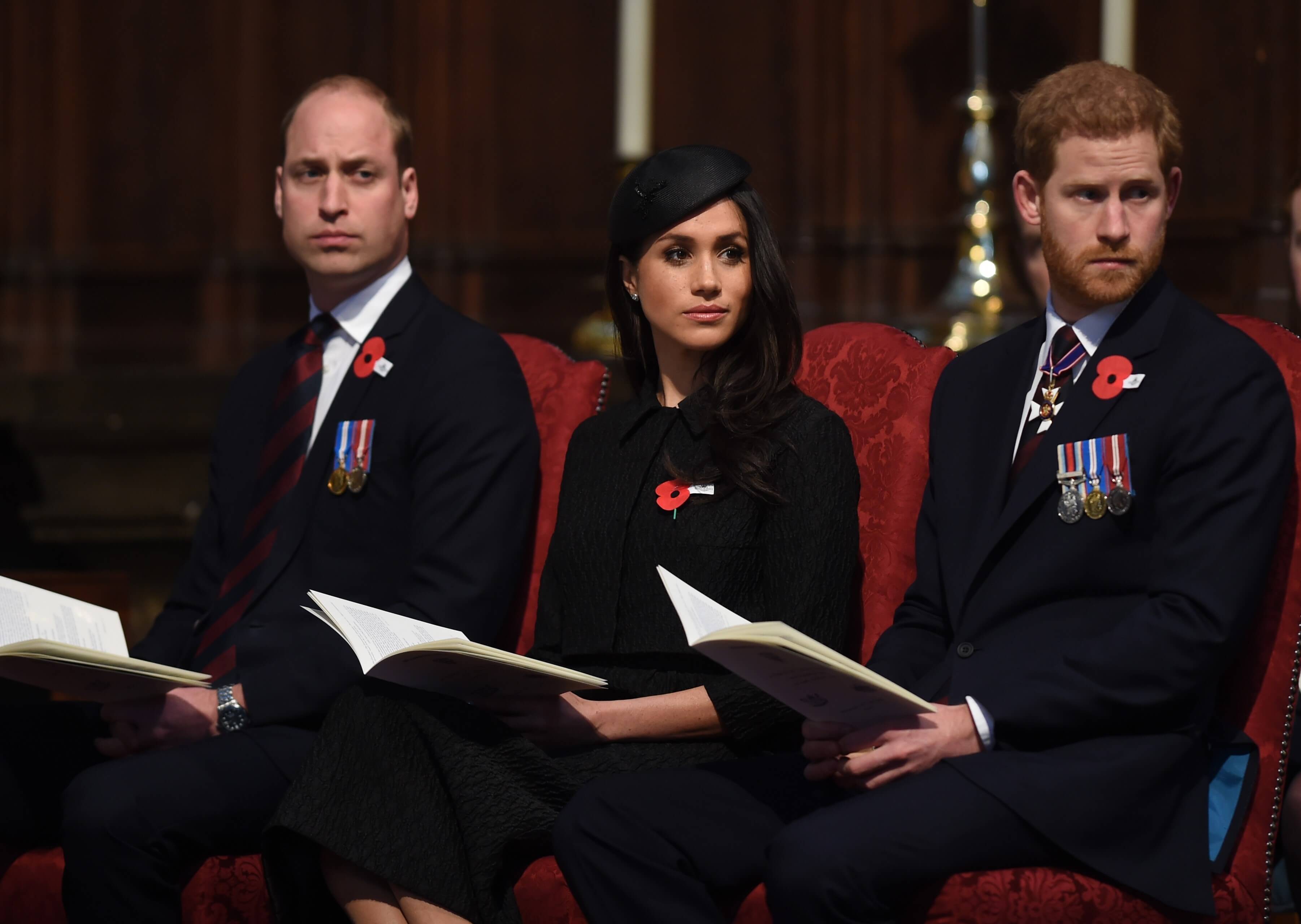 Prince William, Prince Harry, and Meghan Markle, who a body language expert says took disagreements between the brothers seriously, attend 2018 Anzac Day service