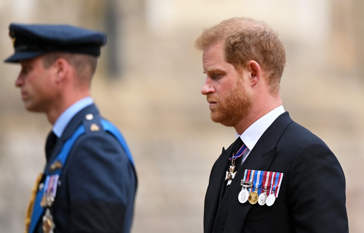 Prince William and Prince Harry in procession following the state hearse carrying the coffin of Queen Elizabeth II