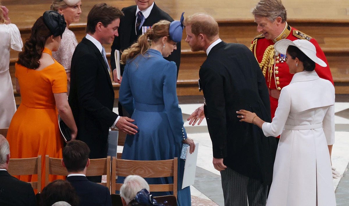 Princess Eugenie, Edo Mapelli Mozzi, Princess Beatrice, Prince Harry, and Meghan Markle at service of thanksgiving for Queen Elizabeth