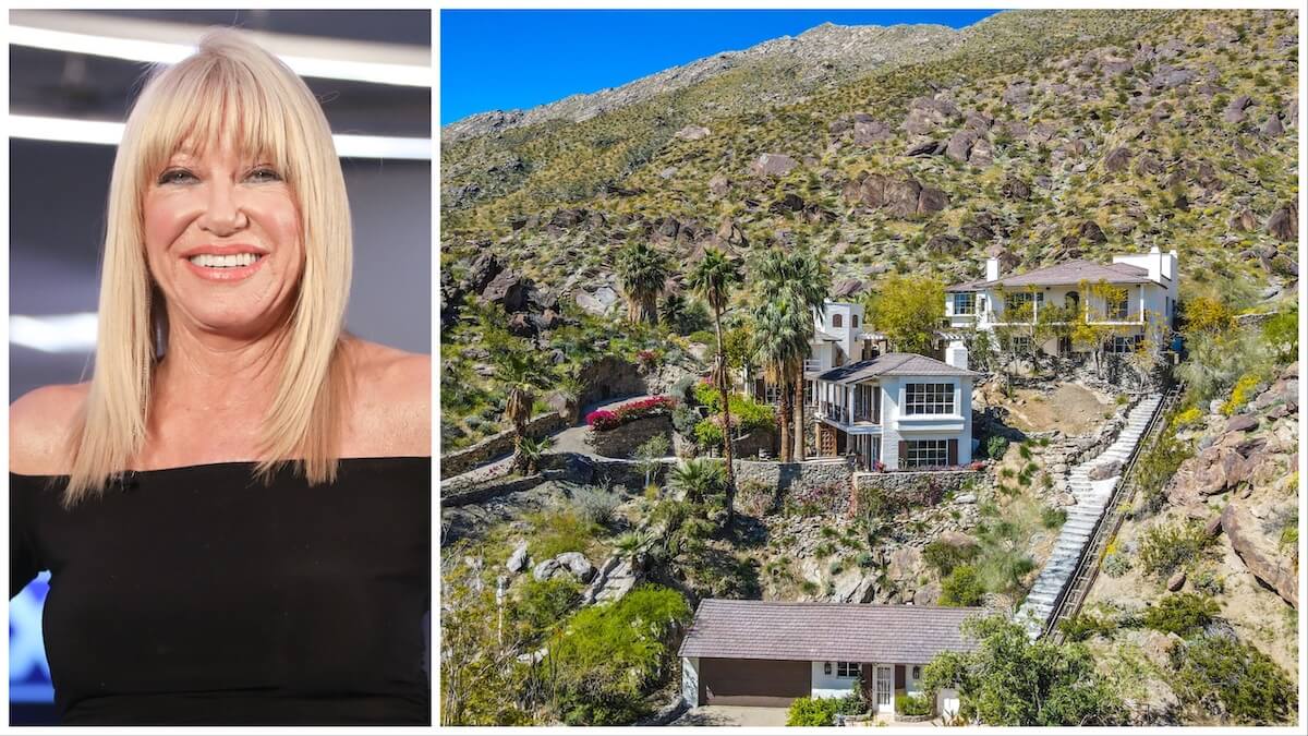 Side by side photos of Suzanne Somers, in black, next to a view of her former estate in Palm Springs