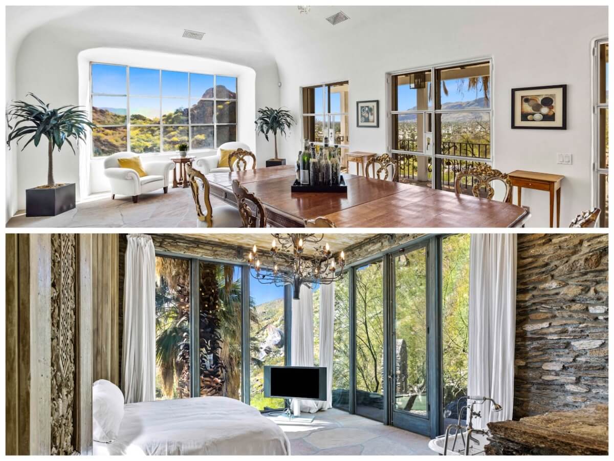 Photo of a dining room in Suzanne Somers' house in Palm Springs above a photo of a bedroom