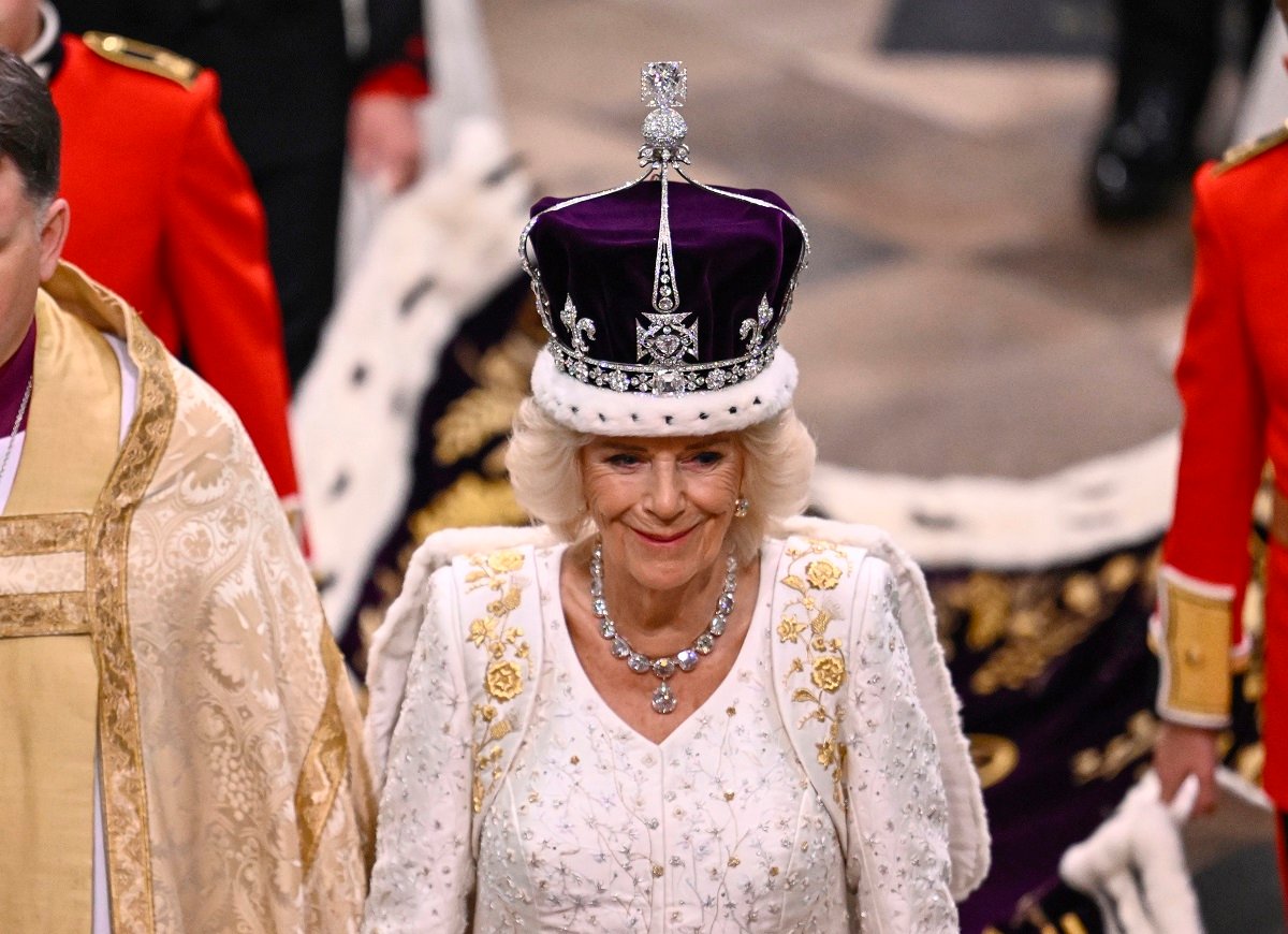 Camilla Parker Bowles (now-Queen Camilla) departs the Coronation service at Westminster Abbey