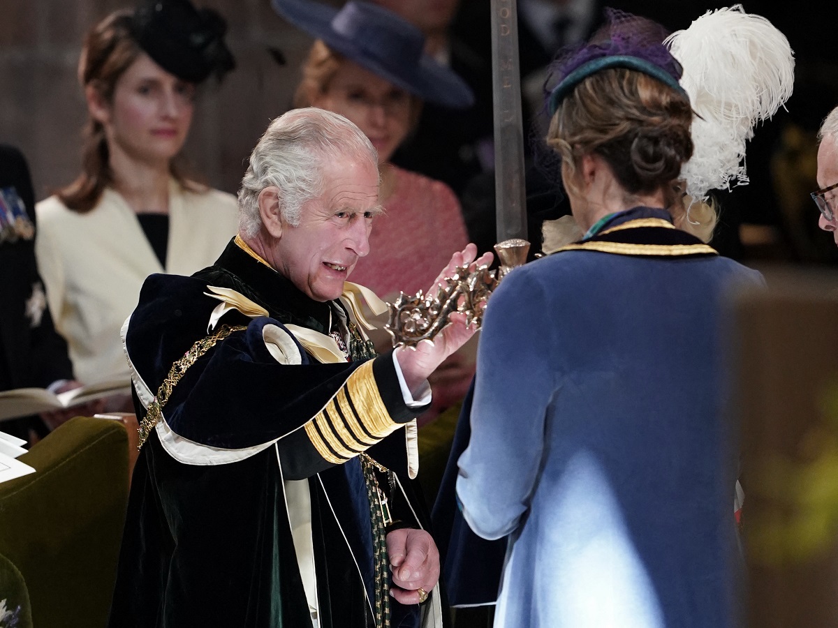 King Charles III is presented with the Elizabeth Sword, part of the Honours of Scotland