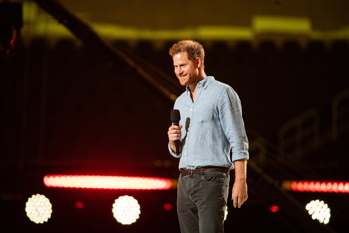 Prince Harry gives remarks at the Vax Live concert at SoFi Stadium