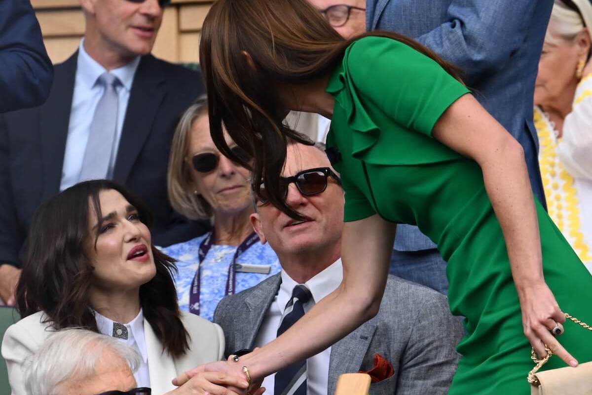 Rachel Weisz shakes hands with Kate Middleton while sitting next to Daniel Craig at Wimbledon