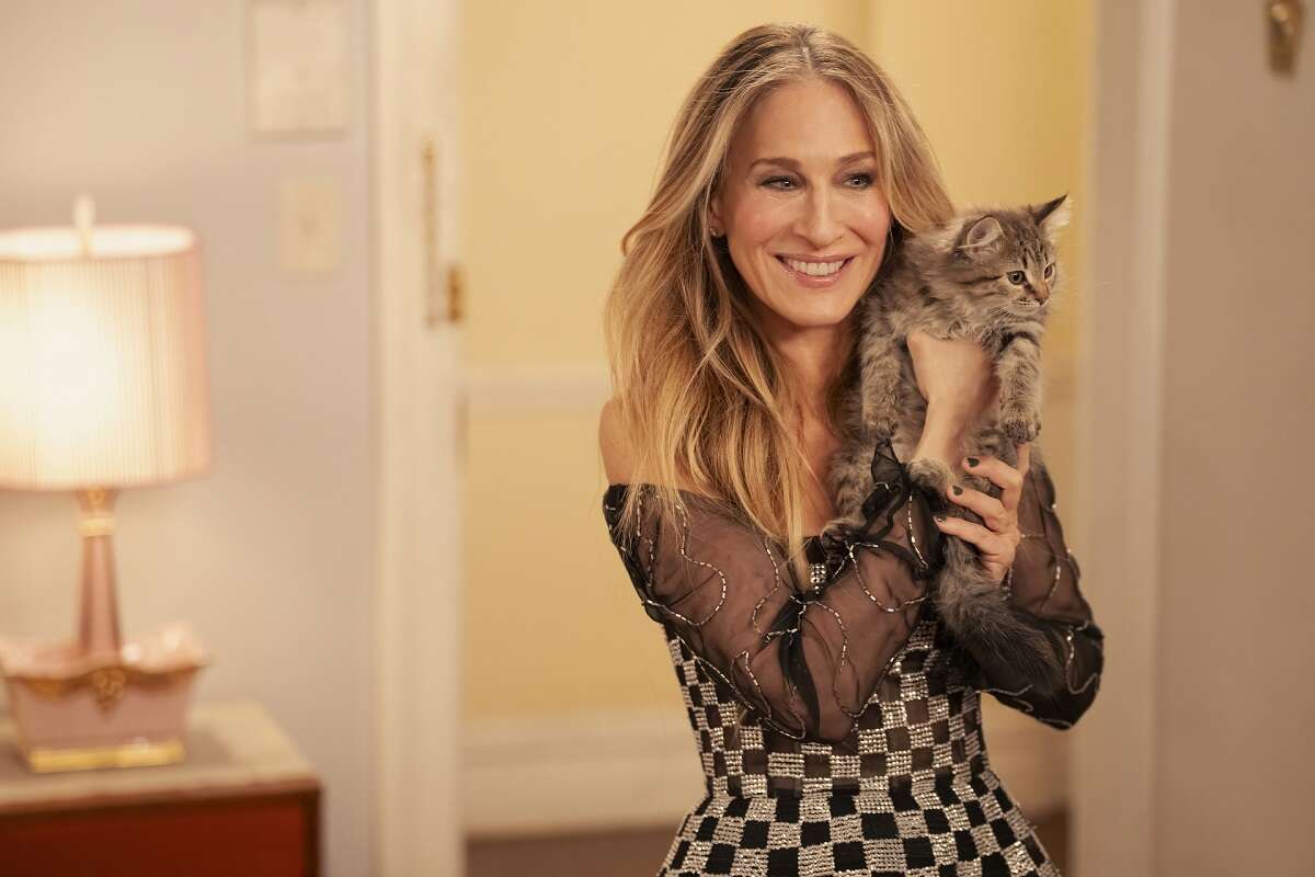 Sarah Jessica Parker as Carrie Bradshaw holds a kitten in an episode of 'And Just Like That...'