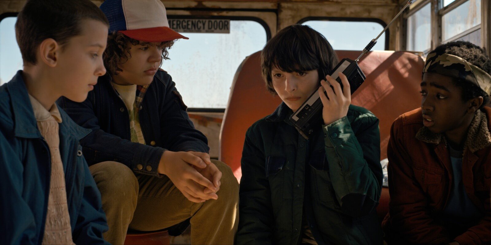 Millie Bobby Brown, Finn Wolfhard, Gaten Matarazzo, Caleb McLaughlin on the set of 'Stranger Things' season 1.