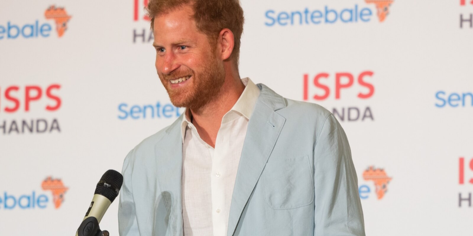 Prince Harry speaks during the Sentebale ISPS Handa Polo Cup Gala Dinner by InterContinental Singapore on August 12, 2023 in Singapore.