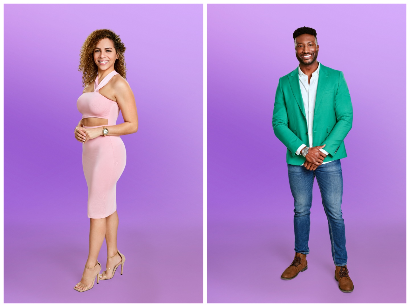 Portraits of Lydia and Uche on purple backgrounds from 'Love Is Blind' Season 5