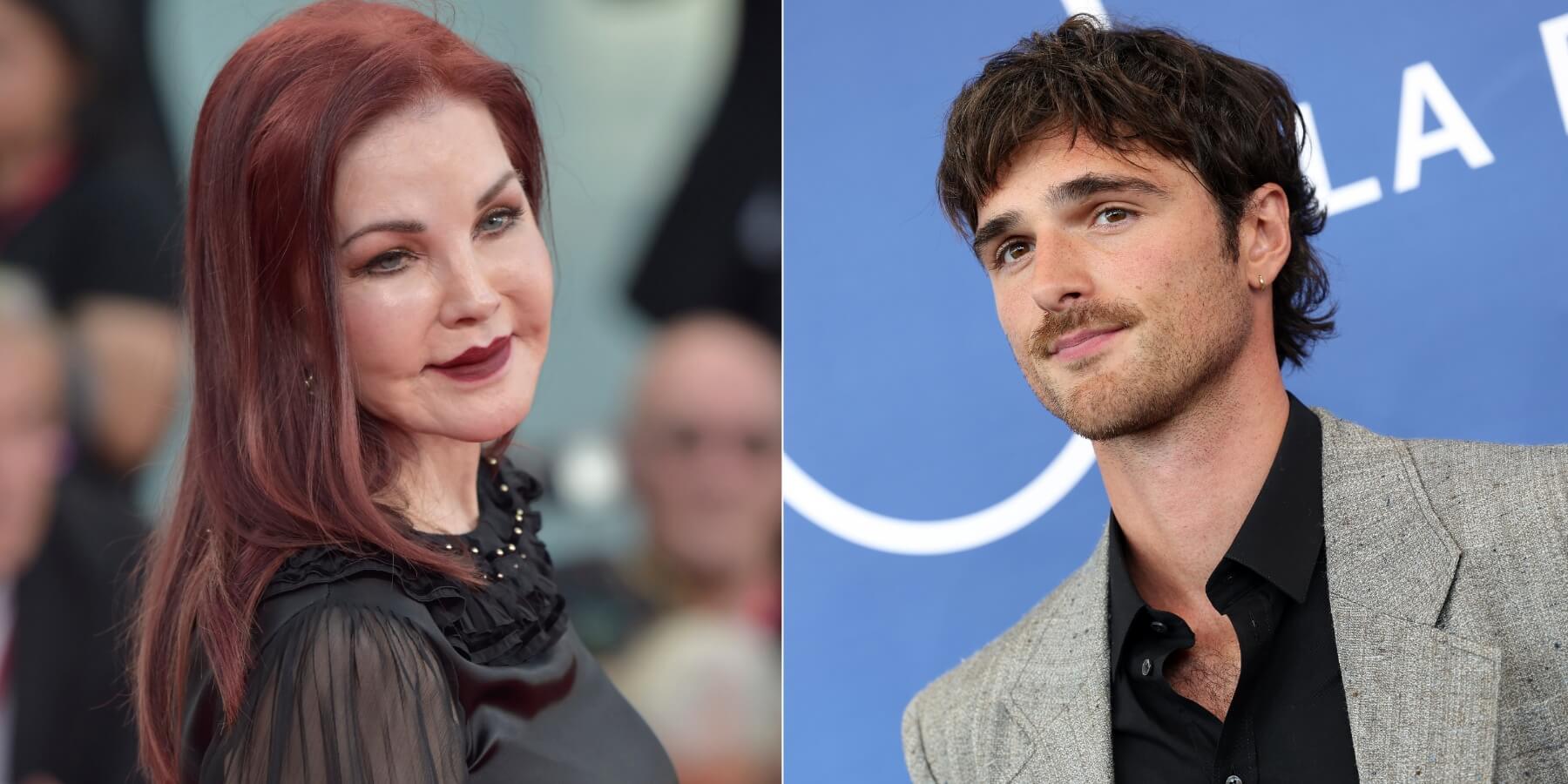 Priscilla Presley pictured in side-by-side photos alongside Jacob Elordi, who plays Elvis Presley in the film 'Priscilla.'