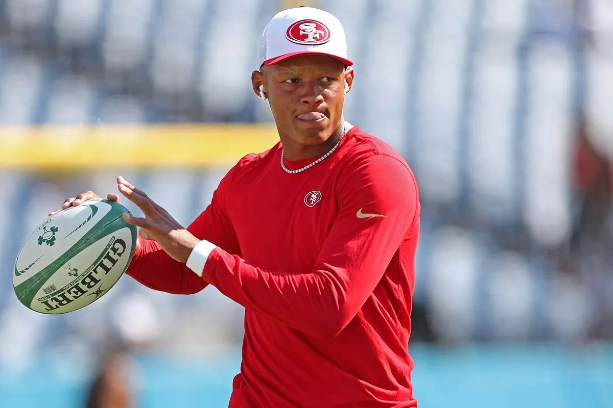 Joshua Dobbs of the San Francisco 49ers warms up before the game against the Tennessee Titans