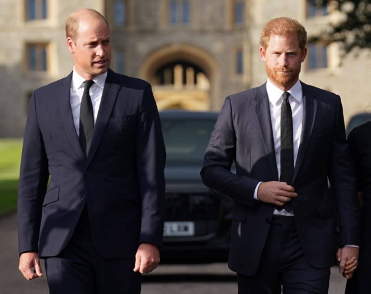 Prince William and Prince Harry walk together to meet members of the public on the long Walk at Windsor Castle