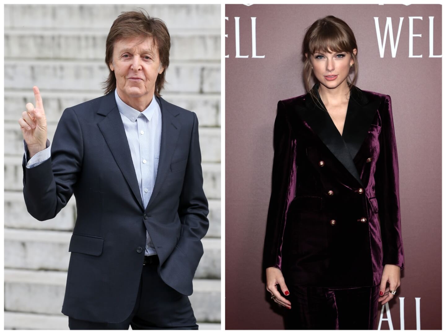 Paul McCartney stands on stone steps and holds up his index finger. Taylor Swift wears a maroon jacket.