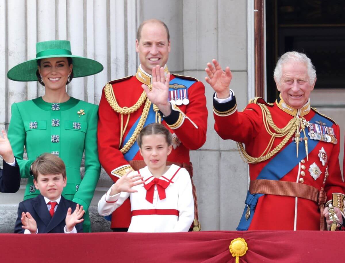 Members of the royal family standing on the balcony of Buckingham Palace balcony during 2023 Trooping the Colour