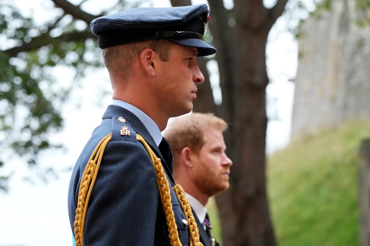 Prince Harry and Prince William follow the hearse with the coffin of Queen Elizabeth II moving towards St. George's Chapel