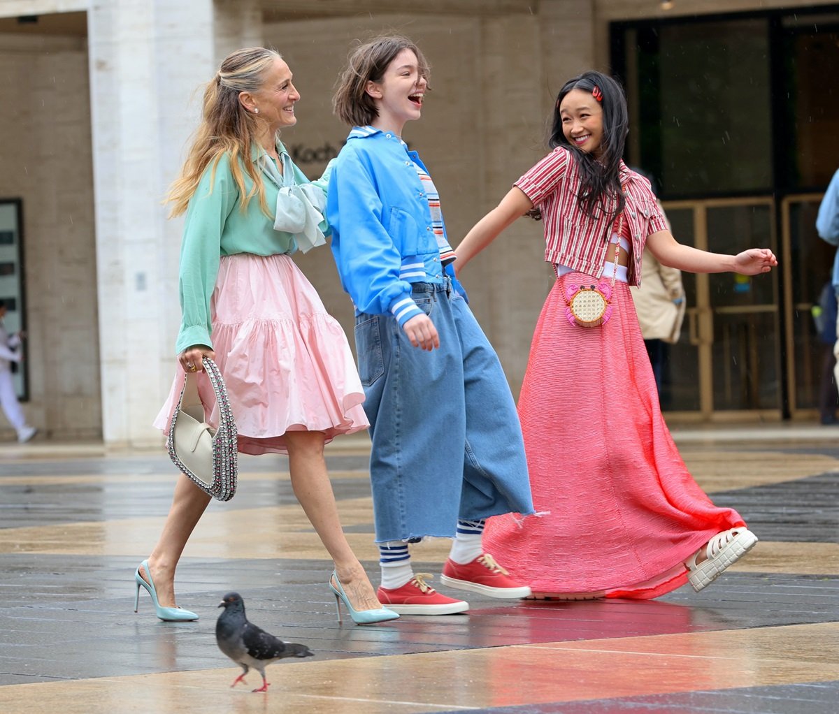 Sarah Jessica Parker, Alexa Swinton and Cathy Ang are seen on the set of "And Just Like That" season 3 at Lincoln Center Plaza