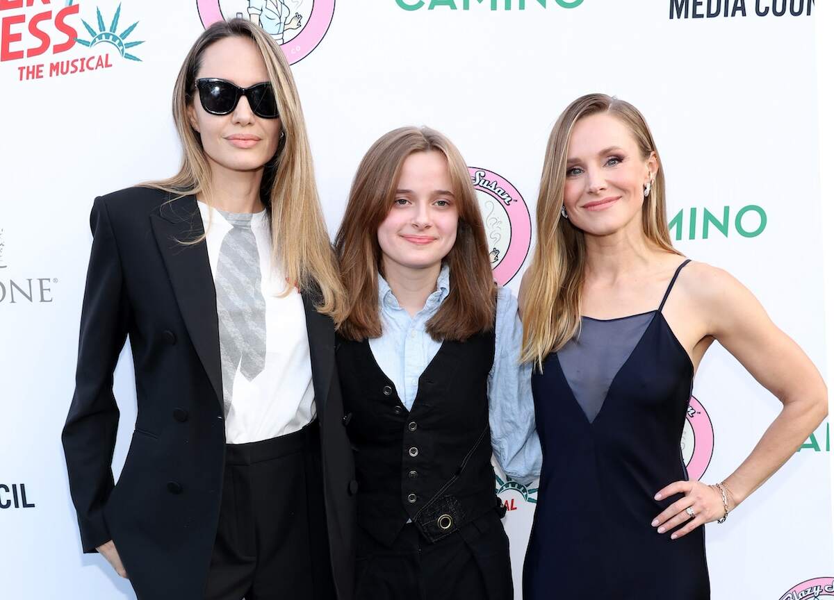 Celebrities Angelina Jolie, Vivienne Jolie-Pitt, and Kristen Bell smile together at the opening night performance of "Reefer Madness: The Musical"
