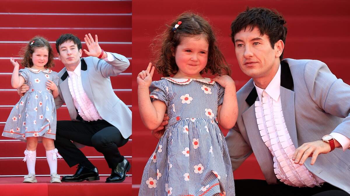 Actors Barry Keoghan and Jackie Mellor hold up peace signs for the cameras at the 77th edition of the Cannes Film Festival