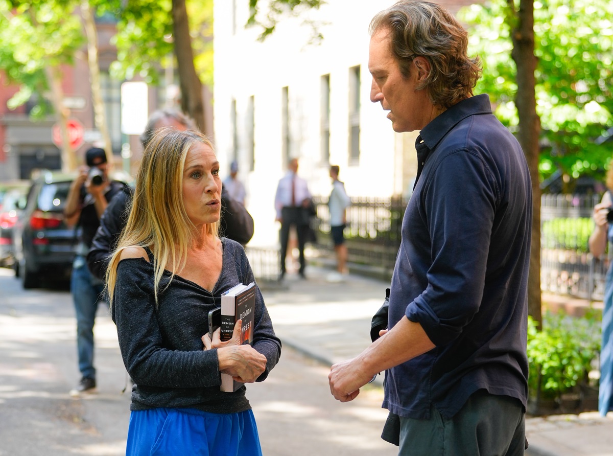 John Corbett reunites with Sarah Jessica Parker on the set of 'And Just Like That' on May 20, 2024 in New York City