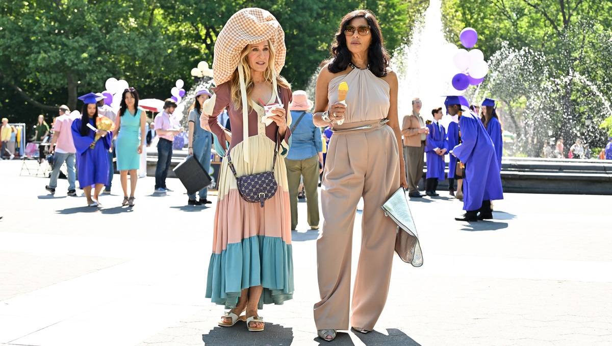 Sarah Jessica Parker and Sarita Choudhury are seen on the set of "And Just Like That..." Season 3, the follow up series to "Sex and the City" in Washington Square Park on May 20, 2024 in New York City