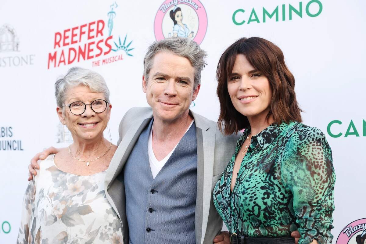 Neve Campbell, her mom Marnie, and Christian Campbell attend the opening night performance of "Reefer Madness