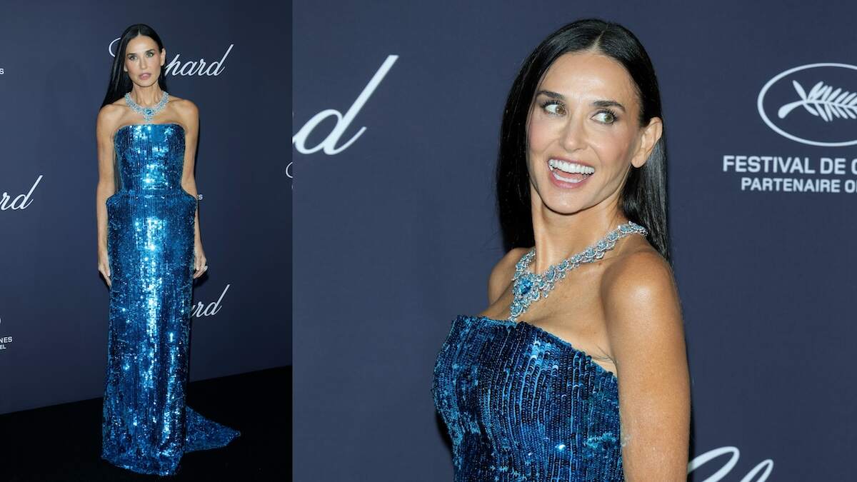 Actor Demi Moore wears a turquoise sequin gown to a Chopard event