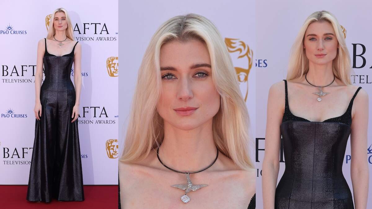 Actor Elizabeth Debicki wears a black dress and diamond necklace on the red carpet at the 2024 BAFTA Television Awards