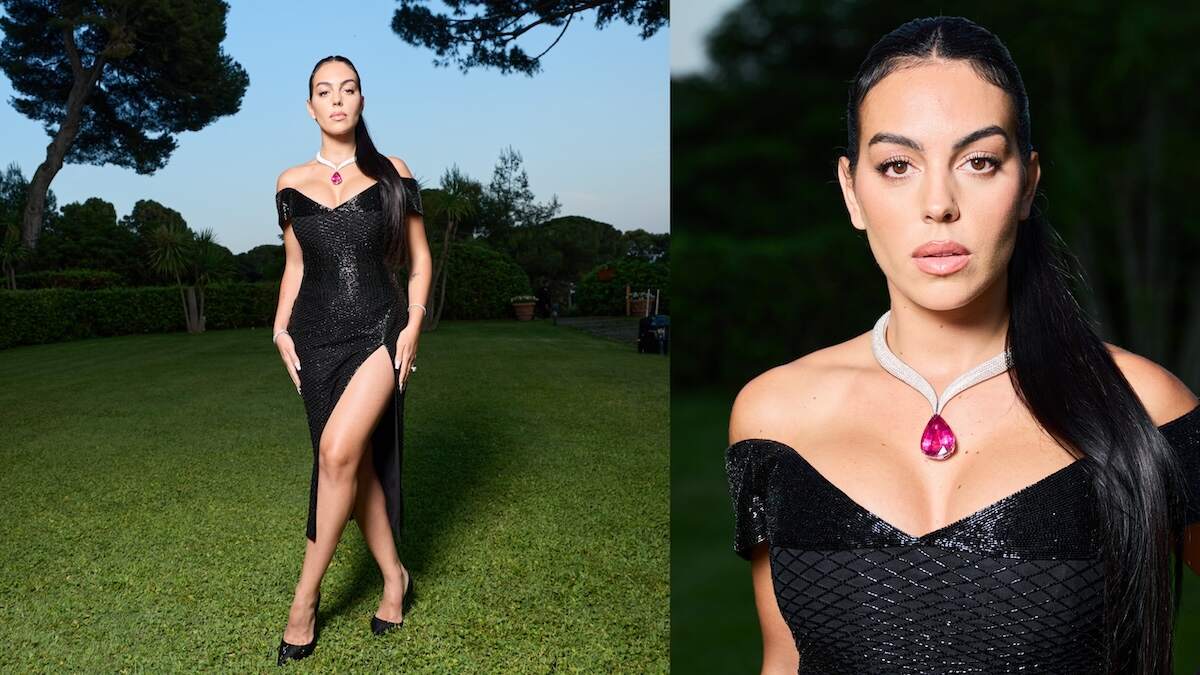 Influencer Georgina Rodriguez wears a black dress and pink necklace to the Cannes Film Festival